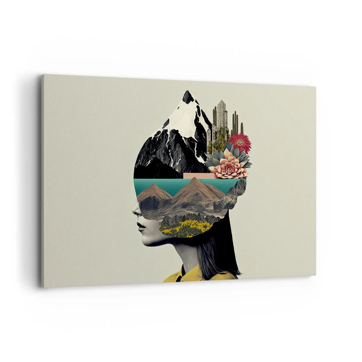 Bild auf Leinwand - Leinwandbild - Collage einer Frau mit Berglandschaft und Blumen - 120x80cm - Frau – bleibt immer ein Geheimnis - Moderne Wanddekoration für Wohnzimmer und Schlafzimmer ARTTOR