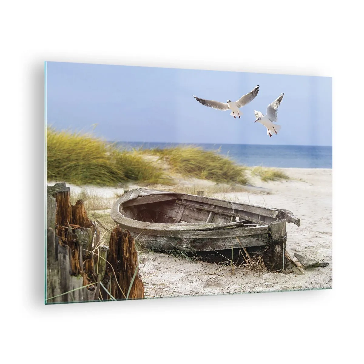 Glasbild - Bild auf glas - Holzboot am Strand mit Möwen im Flug - 70x50cm - In Wind gebadet - Moderne Wanddekoration für Wohnzimmer und Schlafzimmer ARTTOR