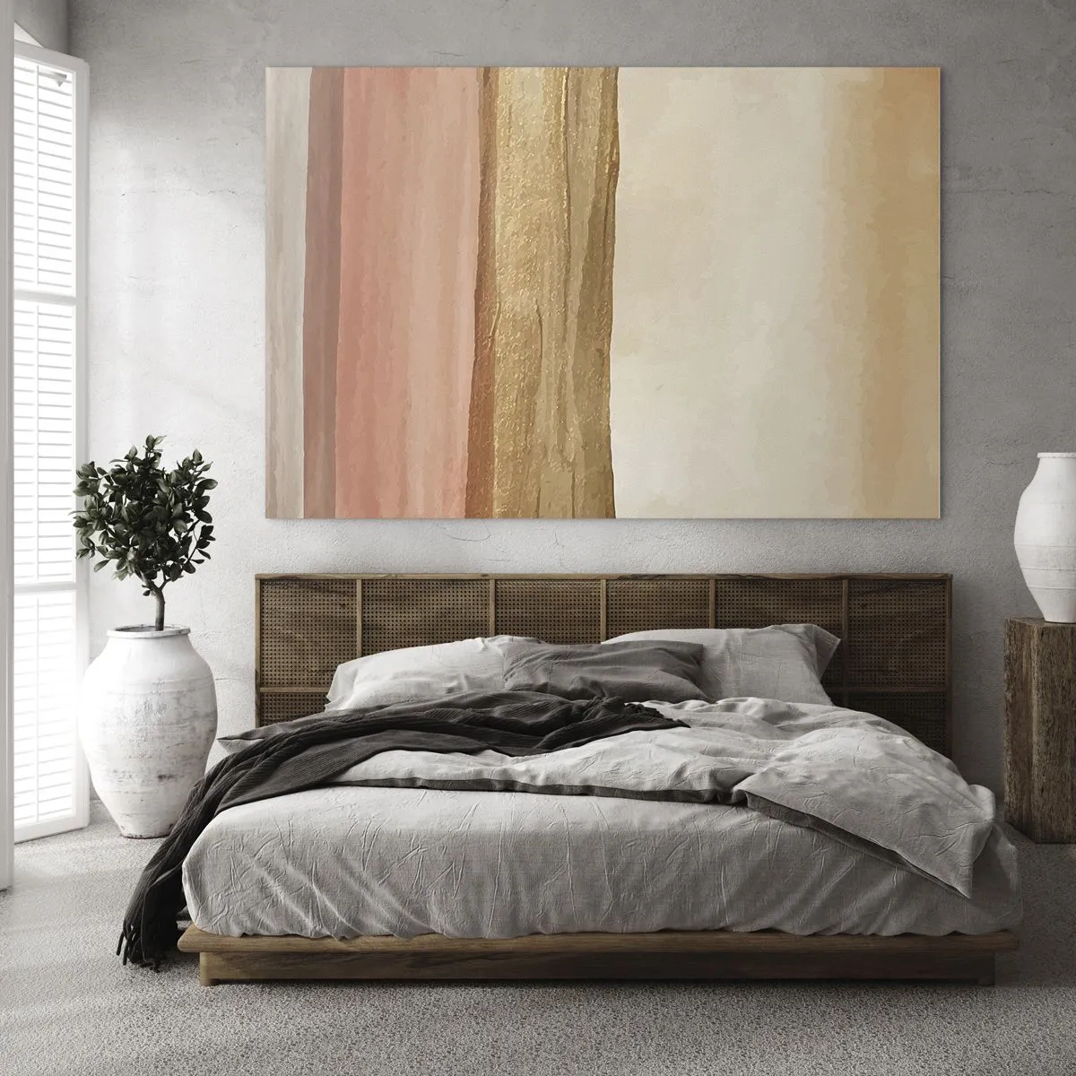 Glasbild - Bild auf glas - Abstrakte Streifen in warmen Beige- und Goldtönen - 70x50cm - Vertikale Komposition - Moderne Wanddekoration für Wohnzimmer und Schlafzimmer ARTTOR