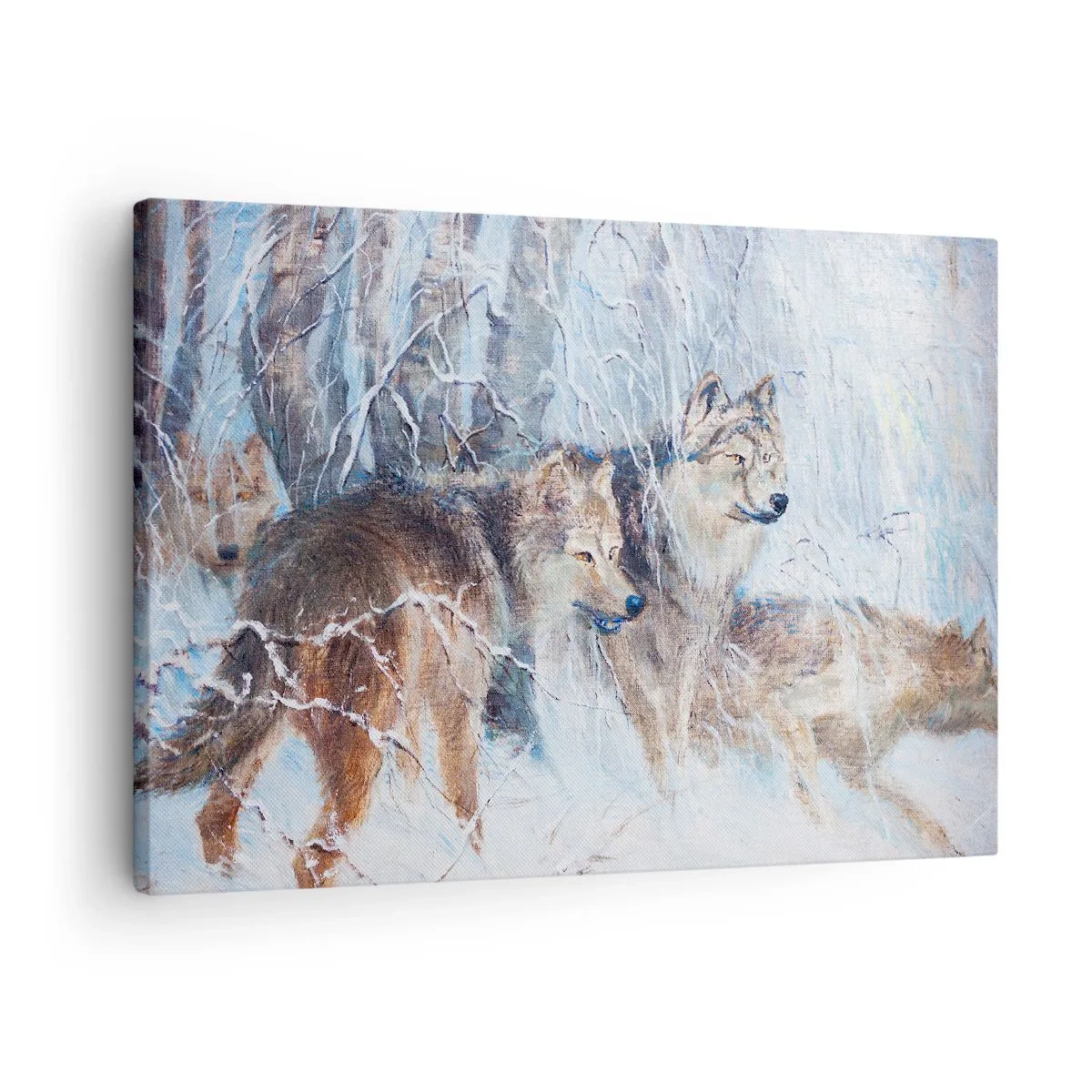 Bild auf Leinwand - Leinwandbild - Wölfe in einem Winterwald vor verschneiter Kulisse - 70x50cm - Beachtung! Hier kommt ... - Moderne Wanddekoration für Wohnzimmer und Schlafzimmer ARTTOR
