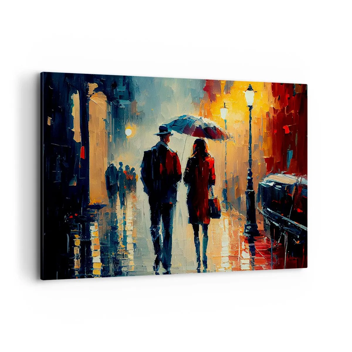 Bild auf Leinwand - Leinwandbild - Nachts im Regen unter einem Regenschirm in der Stadt spazieren gehen - 100x70cm - Urbane Liebesgeschichte - Moderne Wanddekoration für Wohnzimmer und Schlafzimmer ARTTOR