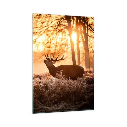 Glasbild - Bild auf glas - Zwei Hirsche bei Sonnenuntergang in einer Winterlandschaft - 80x120cm - Der Traum eines Jägers - Moderne Wanddekoration für Wohnzimmer und Schlafzimmer ARTTOR