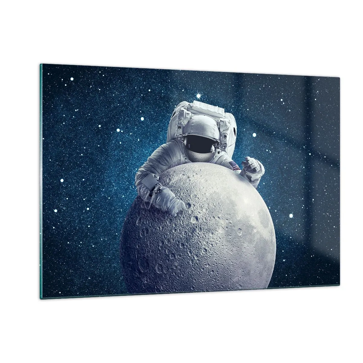 Glasbild - Bild auf glas - Astronaut umarmt den Mond vor einem Sternenhimmel - 120x80cm - Weltraumjoker - Moderne Wanddekoration für Wohnzimmer und Schlafzimmer ARTTOR