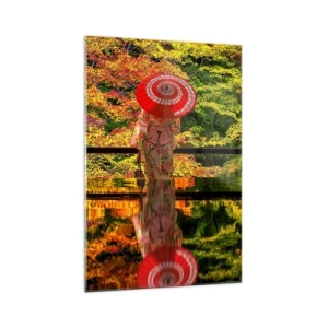 Glasbild - Bild auf glas - Eine Frau im Kimono mit Regenschirm vor dem Hintergrund einer Herbstlandschaft. - 70x100cm - Im Tempel der Natur - Moderne Wanddekoration für Wohnzimmer und Schlafzimmer ARTTOR