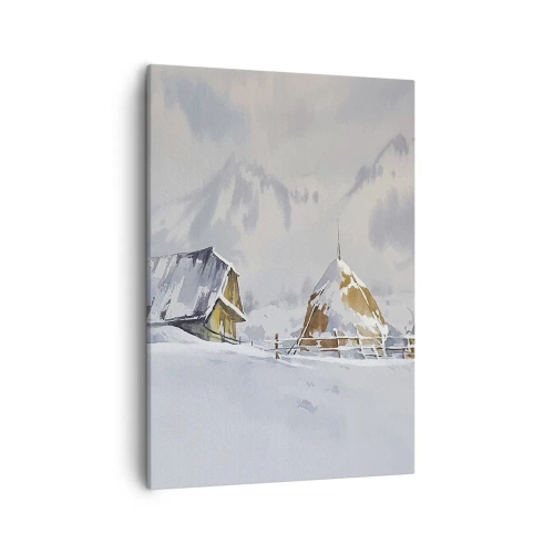 Bild auf Leinwand - Leinwandbild - Winterlandschaft mit Hütte und Heuhaufen in den Bergen - 50x70cm - In einem verschneiten Talkessel - Moderne Wanddekoration für Wohnzimmer und Schlafzimmer ARTTOR