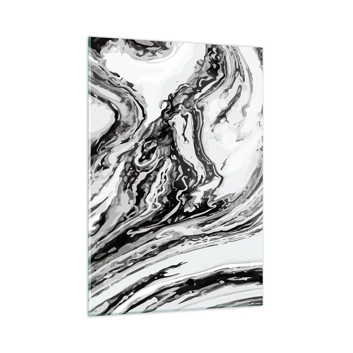 Glasbild - Bild auf glas - Ein abstraktes Muster in Schwarz- und Weißtönen, das Wellen ähnelt. - 50x70cm - Am Anfang war Chaos - Moderne Wanddekoration für Wohnzimmer und Schlafzimmer ARTTOR