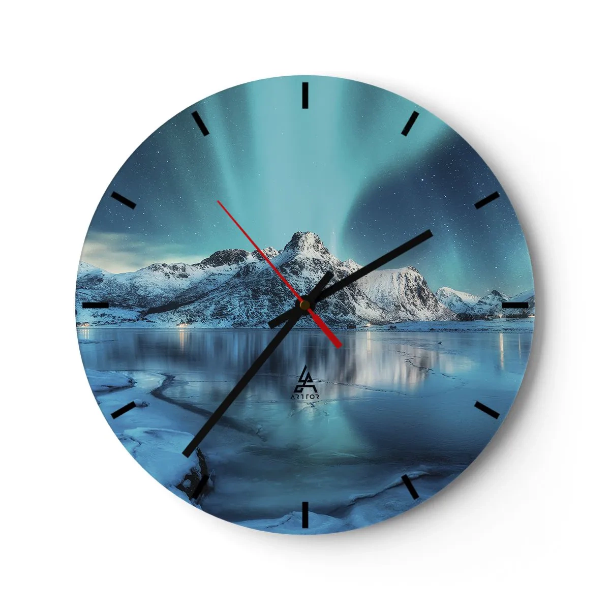 Wanduhr - Glasuhr - Aurora Borealis über schneebedeckten Bergen und einem zugefrorenen See - 30x30cm - Lichtnacht - Moderne Wanddekoration für Wohnzimmer, Küche und Schlafzimmer ARTTOR