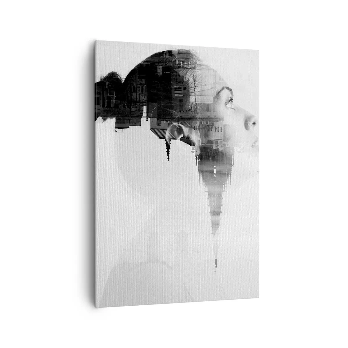 Bild auf Leinwand - Leinwandbild - Porträt einer Frau mit den Umrissen einer Stadt im Hintergrund, schwarz-weiße Farben - 70x100cm - Auf beiden Seiten des Glases - Moderne Wanddekoration für Wohnzimmer und Schlafzimmer ARTTOR