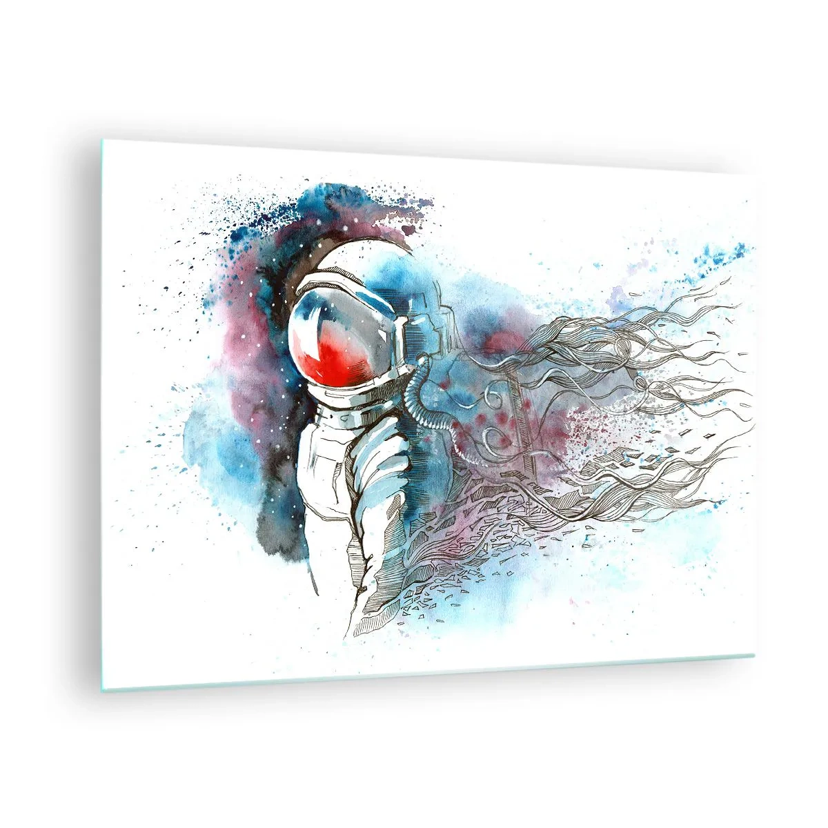 Glasbild - Bild auf glas - Astronaut in einer dynamischen Aquarell-Weltraumkulisse - 70x50cm - Allein mit Platz - Moderne Wanddekoration für Wohnzimmer und Schlafzimmer ARTTOR
