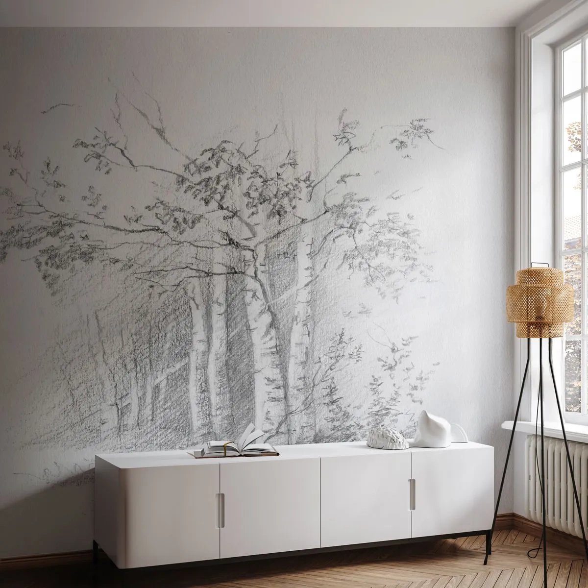 Fototapete Premium Sand - Das Licht des Birkenwaldes - Wald, Birke, Bäume - 250x175 cm