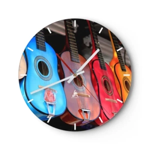 Wanduhr - Glasuhr - Bunte Gitarren in verschiedenen Farbtönen auf dunklem Hintergrund - 30x30cm - Lateinische Atmosphäre - Moderne Wanddekoration für Wohnzimmer, Küche und Schlafzimmer ARTTOR