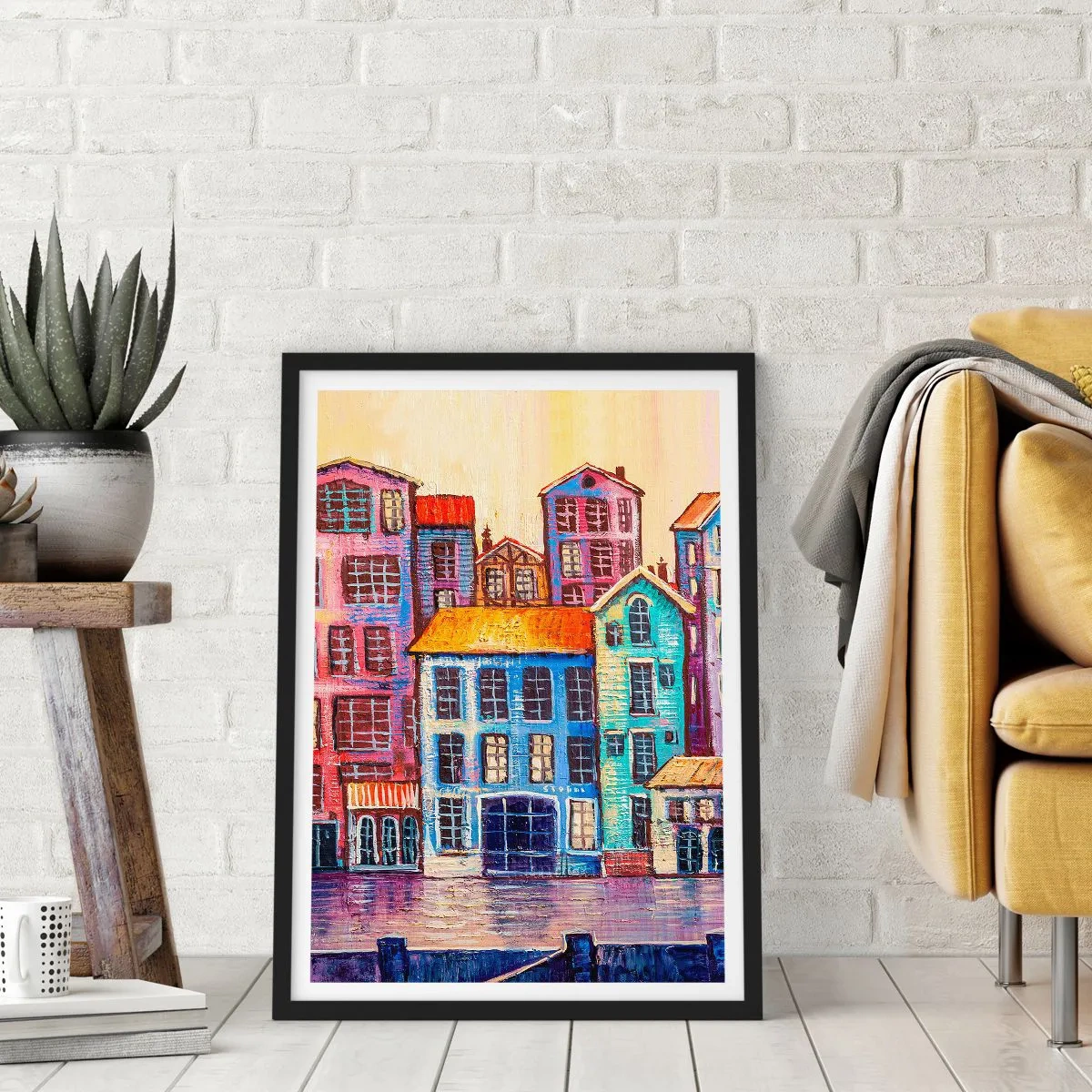 Poster in einem schwarzem Rahmen - Bunte Mietshäuser am Wasser im malerischen Stil - 50x70cm - Stadt wie aus einem Märchen - Moderne Wanddekoration für Wohnzimmer und Schlafzimmer ARTTOR
