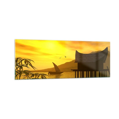Glasbild - Bild auf glas - Tropischer Sonnenuntergang über dem Wasser mit Holzhaus auf Stelzen. - 140x50cm - Der ersehnte Frieden - Moderne Wanddekoration für Wohnzimmer und Schlafzimmer ARTTOR