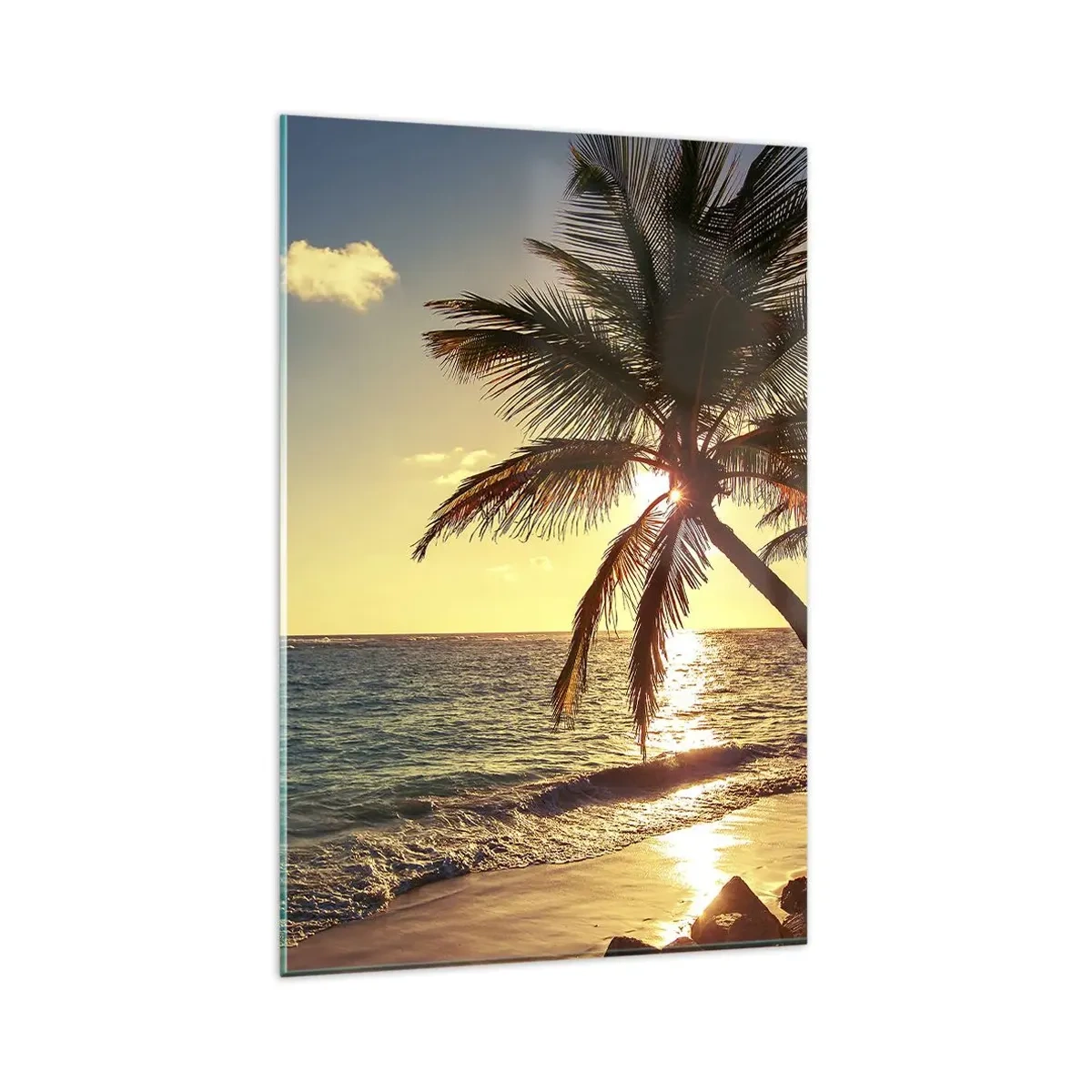 Glasbild - Bild auf glas - Tropischer Sonnenuntergang über einem Strand mit Palmen - 80x120cm - Sommer unter Palmen - Moderne Wanddekoration für Wohnzimmer und Schlafzimmer ARTTOR