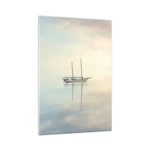 Glasbild - Bild auf glas - Ein Boot auf ruhiger See in sanftem Licht - 70x100cm - Im Meer der Stille - Moderne Wanddekoration für Wohnzimmer und Schlafzimmer ARTTOR