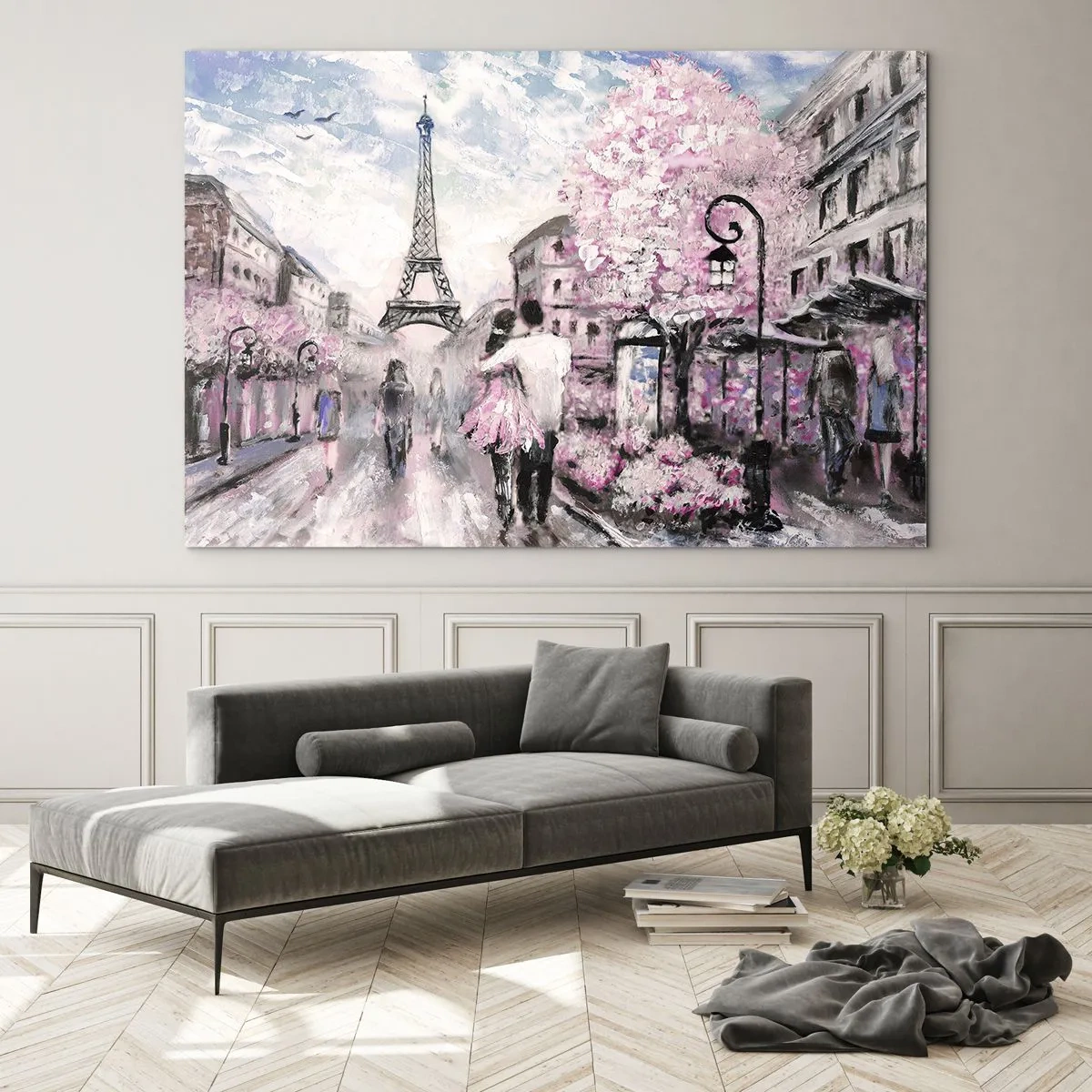 Glasbild - Bild auf glas - Romantisches Paar in Paris mit dem Eiffelturm im Hintergrund - 120x80cm - Wie man sich verlieben kann, ist nur in ... - Moderne Wanddekoration für Wohnzimmer und Schlafzimmer ARTTOR