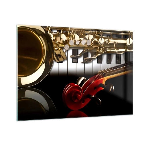 Glasbild - Bild auf glas - Saxophon, Keyboard und Bogen in kunstvoller Komposition - 100x70cm - Blech, Holz und Elfenbein - Moderne Wanddekoration für Wohnzimmer und Schlafzimmer ARTTOR