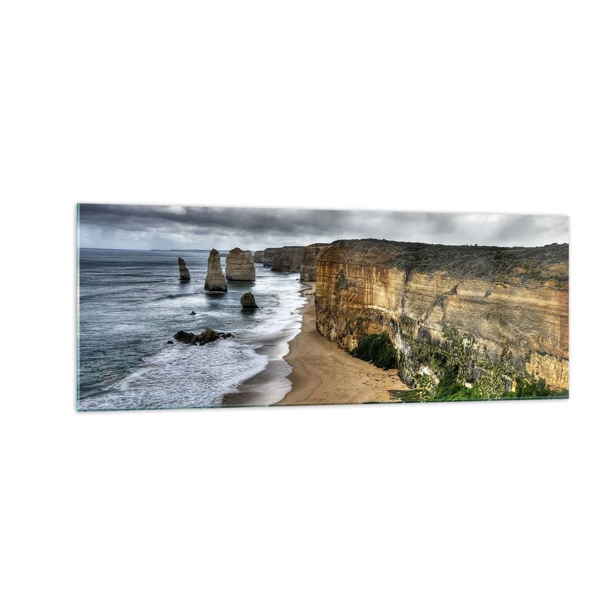 Glasbild - Bild auf glas - Steilküste mit Strand und Felsformationen - 140x50cm - Rohe Schönheit - Moderne Wanddekoration für Wohnzimmer und Schlafzimmer ARTTOR