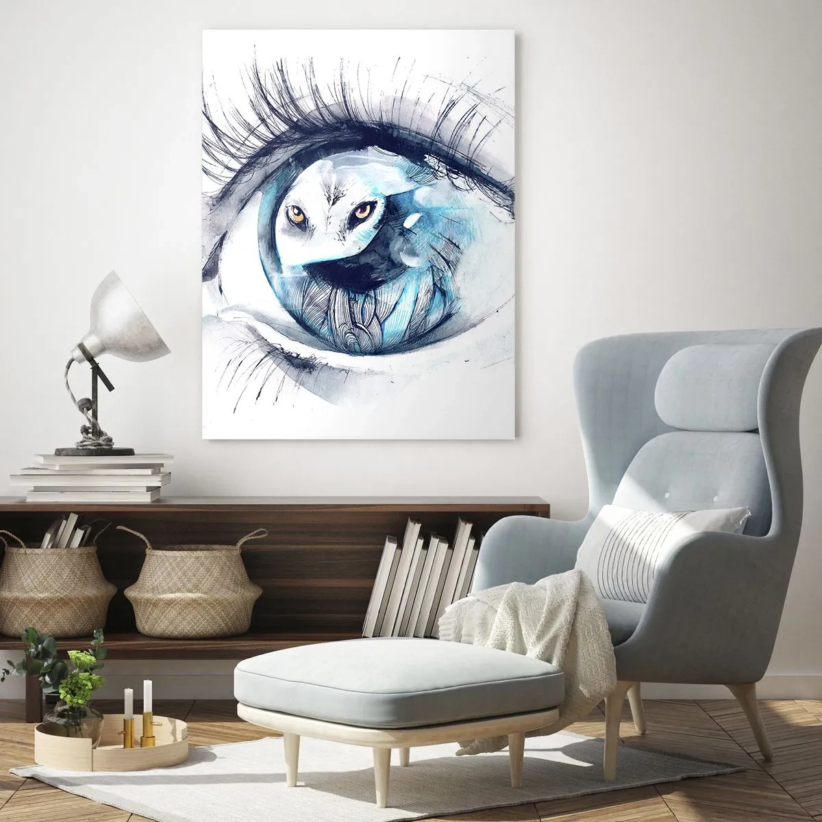 Glasbild - Bild auf glas - Ein Auge mit dem Bild einer Eule in Aquarell-Blautönen - 70x100cm - Auge in Auge mit Wildheit - Moderne Wanddekoration für Wohnzimmer und Schlafzimmer ARTTOR