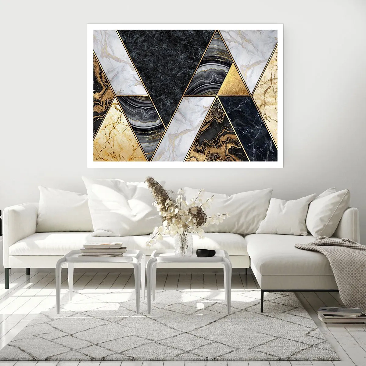 Poster - Geometrische Dreiecke in Gold, Marmor und dunklen Farbtönen - 100x70cm - Stein um Stein - Moderne Wanddekoration für Wohnzimmer und Schlafzimmer ARTTOR