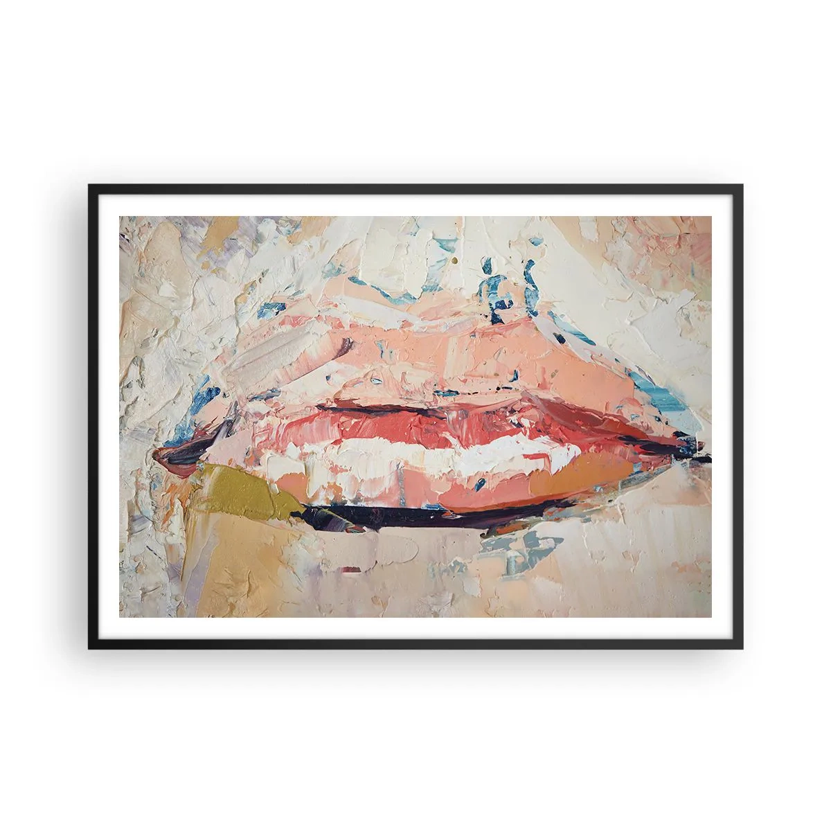 Poster in einem schwarzem Rahmen - Eine abstrakte Komposition, die die Lippen einer Frau in Pastellfarben darstellt. - 100x70cm - Es weckt die Sinne - Moderne Wanddekoration für Wohnzimmer und Schlafzimmer ARTTOR
