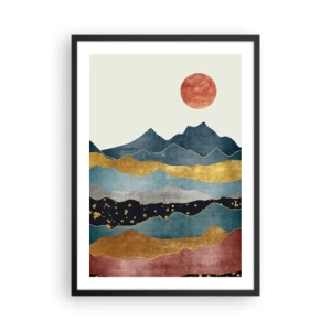 Poster in einem schwarzem Rahmen - Abstrakte Berge in Gold-, Blau- und Rottönen - 50x70cm - Ein Querschnitt durch die Welt - Moderne Wanddekoration für Wohnzimmer und Schlafzimmer ARTTOR