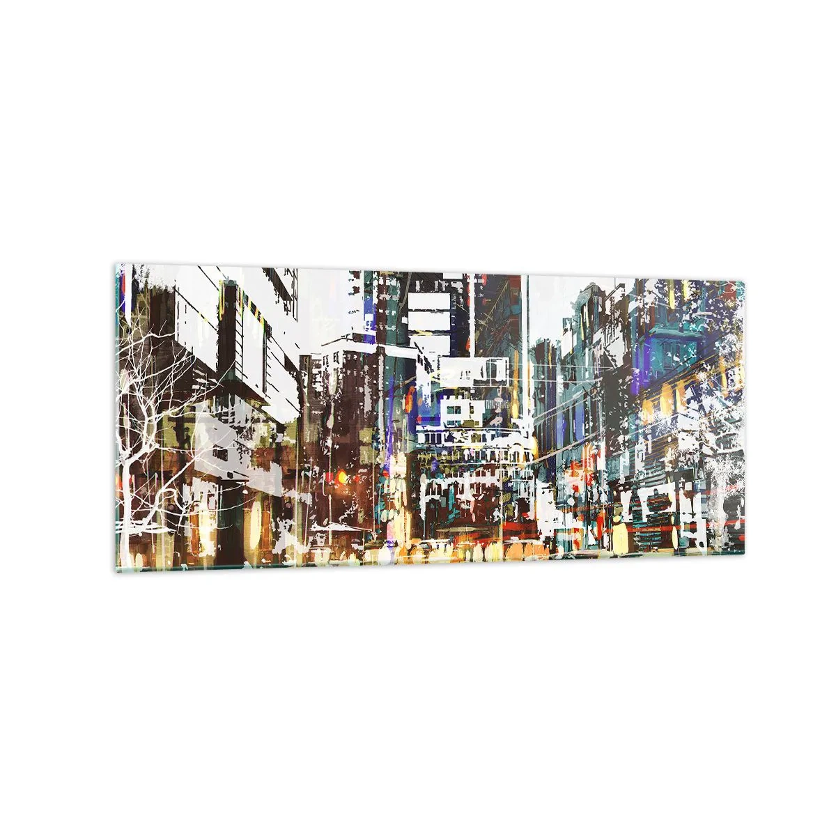 Glasbild - Bild auf glas - Eine moderne Stadtlandschaft im künstlerischen Stil - 120x50cm - Eine schillernde Stadt - Moderne Wanddekoration für Wohnzimmer und Schlafzimmer ARTTOR
