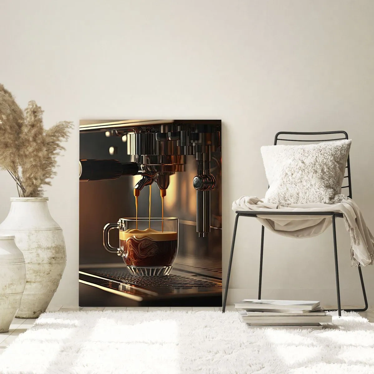 Glasbild - Bild auf glas - Kaffeemaschine mit einer Tasse aromatischem Espresso - 70x100cm - Sinnliche Mischung - Moderne Wanddekoration für Wohnzimmer und Schlafzimmer ARTTOR