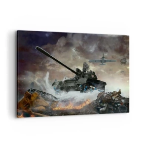 Bild auf Leinwand - Leinwandbild - Kampfszene mit Panzern und Flugzeugen im Hintergrund - 100x70cm - Der Kampf ist schrecklich und schön - Moderne Wanddekoration für Wohnzimmer und Schlafzimmer ARTTOR