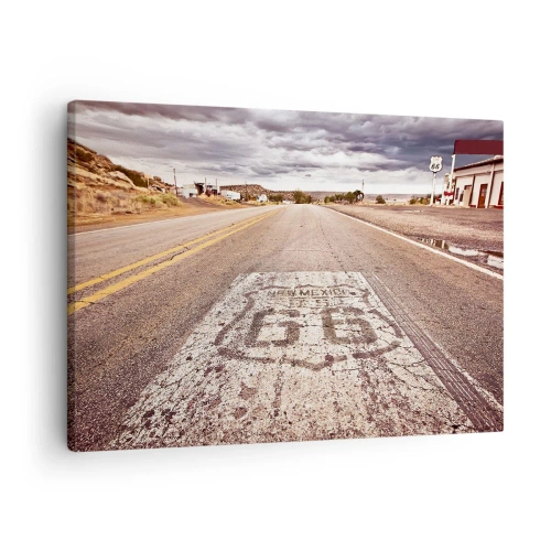 Bild auf Leinwand - Leinwandbild - Route 66 in einem Wüstenklima mit malerischem Himmel - 70x50cm - Mother Road - eine amerikanische Legende - Moderne Wanddekoration für Wohnzimmer und Schlafzimmer ARTTOR