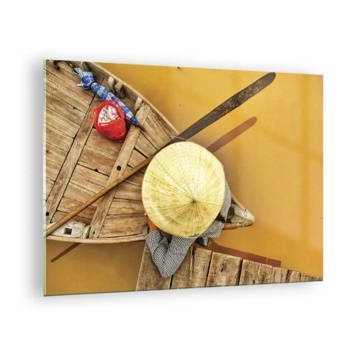 Glasbild - Bild auf glas - Draufsicht auf ein Boot und eine Person mit einem konischen Hut - 70x50cm - Leben am Gelben Fluss - Moderne Wanddekoration für Wohnzimmer und Schlafzimmer ARTTOR