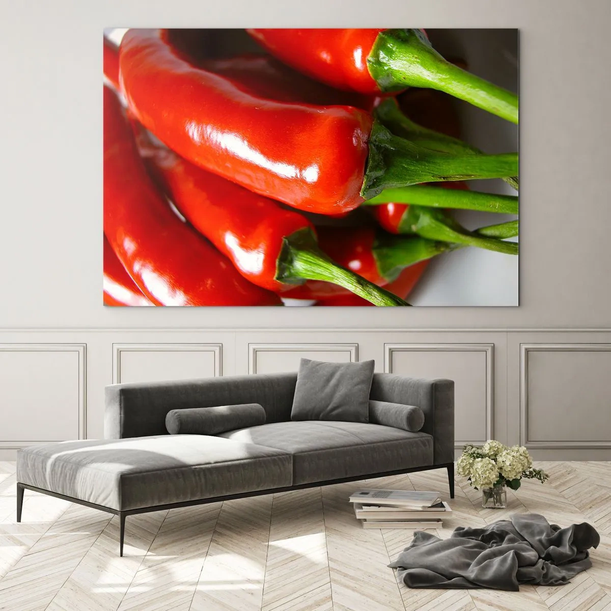 Glasbild - Bild auf glas - Rote Chilischoten mit grünen Stielen - 70x50cm - Saftig, glänzend, glatt - Moderne Wanddekoration für Wohnzimmer und Schlafzimmer ARTTOR