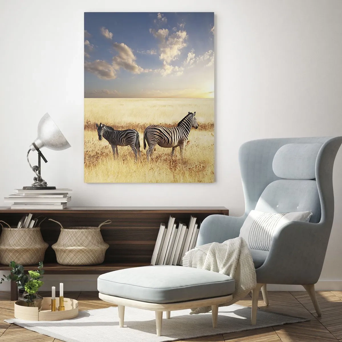 Glasbild - Bild auf glas - Zwei Zebras in der Savanne in den Strahlen der untergehenden Sonne - 80x120cm - Geh weg, sei nicht in Frieden - Moderne Wanddekoration für Wohnzimmer und Schlafzimmer ARTTOR