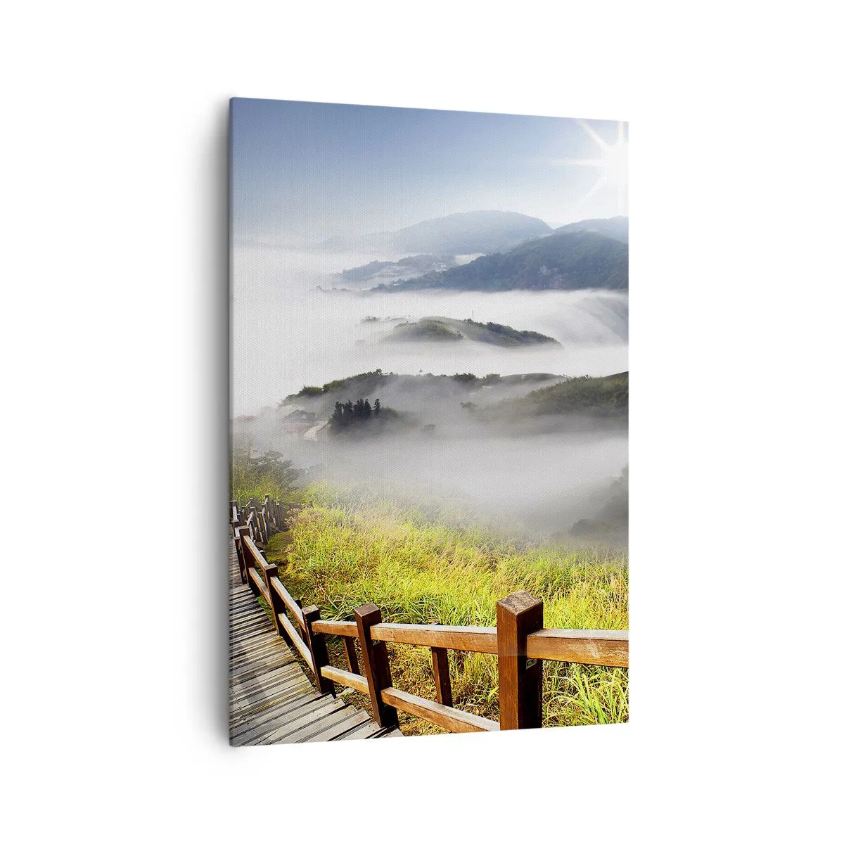 Bild auf Leinwand - Leinwandbild - Ein Holzpfad zwischen den nebligen Bergen am Morgen - 70x100cm - Gewebt aus Lichtschein und Nebel - Moderne Wanddekoration für Wohnzimmer und Schlafzimmer ARTTOR