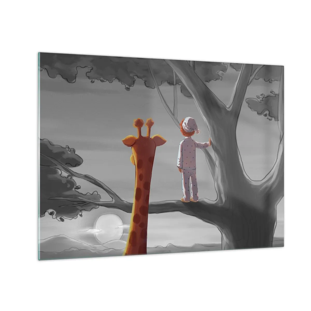 Glasbild - Bild auf glas - Ein Kind im Pyjama und eine Giraffe beobachten den Sonnenuntergang von einem Baum aus. - 70x50cm - Das passiert wirklich - Moderne Wanddekoration für Wohnzimmer und Schlafzimmer ARTTOR