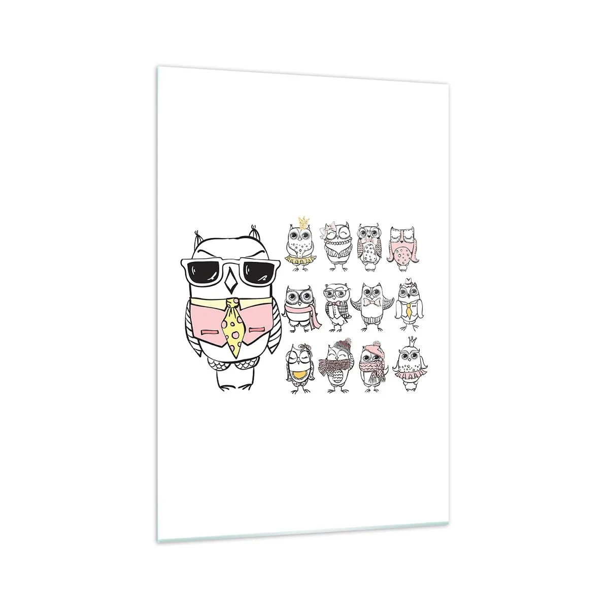 Glasbild - Bild auf glas - Eulen in verschiedenen Stilen und Kleidern - 70x100cm - So viele Rollen zu spielen - Moderne Wanddekoration für Wohnzimmer und Schlafzimmer ARTTOR