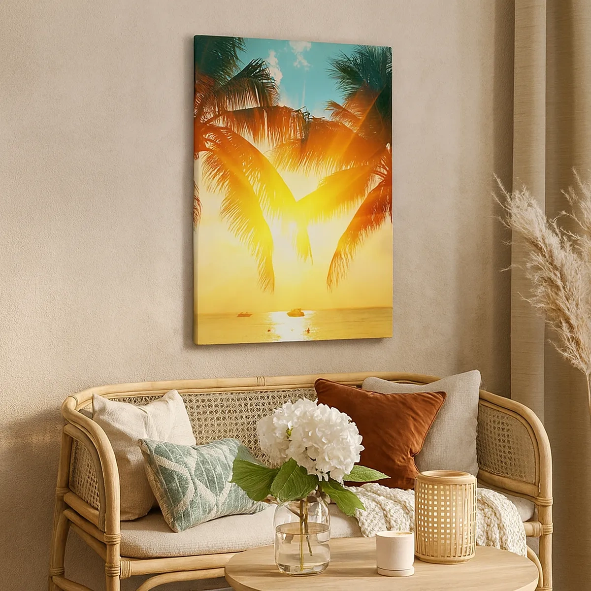 Bild auf Leinwand - Leinwandbild - Palmen, beleuchtet vom warmen Licht der untergehenden Sonne - 50x70cm - Exotisches Paar - Moderne Wanddekoration für Wohnzimmer und Schlafzimmer ARTTOR