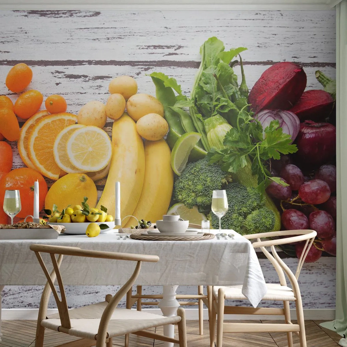 Fototapete Premium Sand - Eine bunte Komposition aus Obst und Gemüse auf einem hölzernen Hintergrund - 100x70cm - Es ist nicht genug? - Moderne Wanddekoration für Wohnzimmer und Schlafzimmer ARTTOR