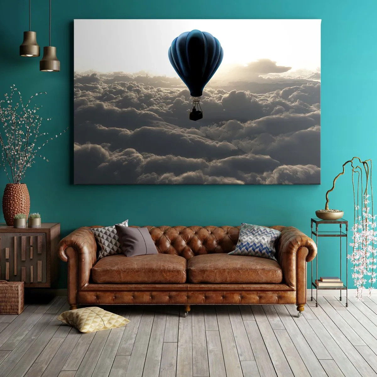 Bild auf Leinwand - Leinwandbild - Ein Heißluftballon vor einem Himmel mit Wolken bei Sonnenuntergang - 70x50cm - Ein Wanderer über den Wolken - Moderne Wanddekoration für Wohnzimmer und Schlafzimmer ARTTOR