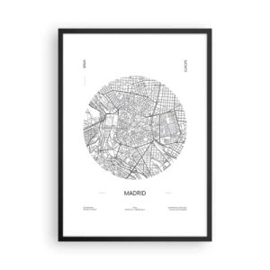 Poster in einem schwarzem Rahmen - Eine minimalistische Karte von Madrid in Schwarzweiß. - 50x70cm - Anatomie von Madrid - Moderne Wanddekoration für Wohnzimmer und Schlafzimmer ARTTOR