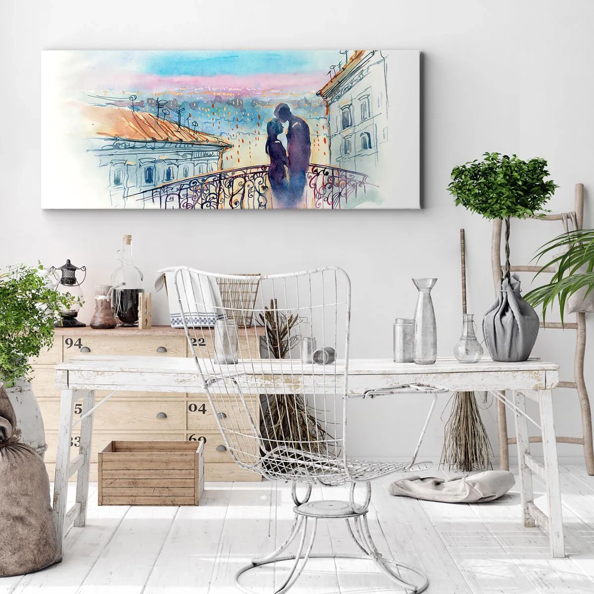 Bild auf Leinwand - Leinwandbild - Romantisches Paar auf einem Balkon mit Blick auf die Stadt - 140x50cm - Paris-Liebhaber - Moderne Wanddekoration für Wohnzimmer und Schlafzimmer ARTTOR