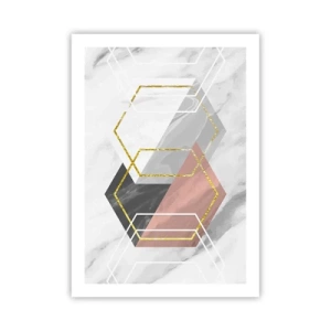 Poster - Geometrische Sechsecke auf Marmorhintergrund - 50x70cm - Kettenkomposition - Moderne Wanddekoration für Wohnzimmer und Schlafzimmer ARTTOR