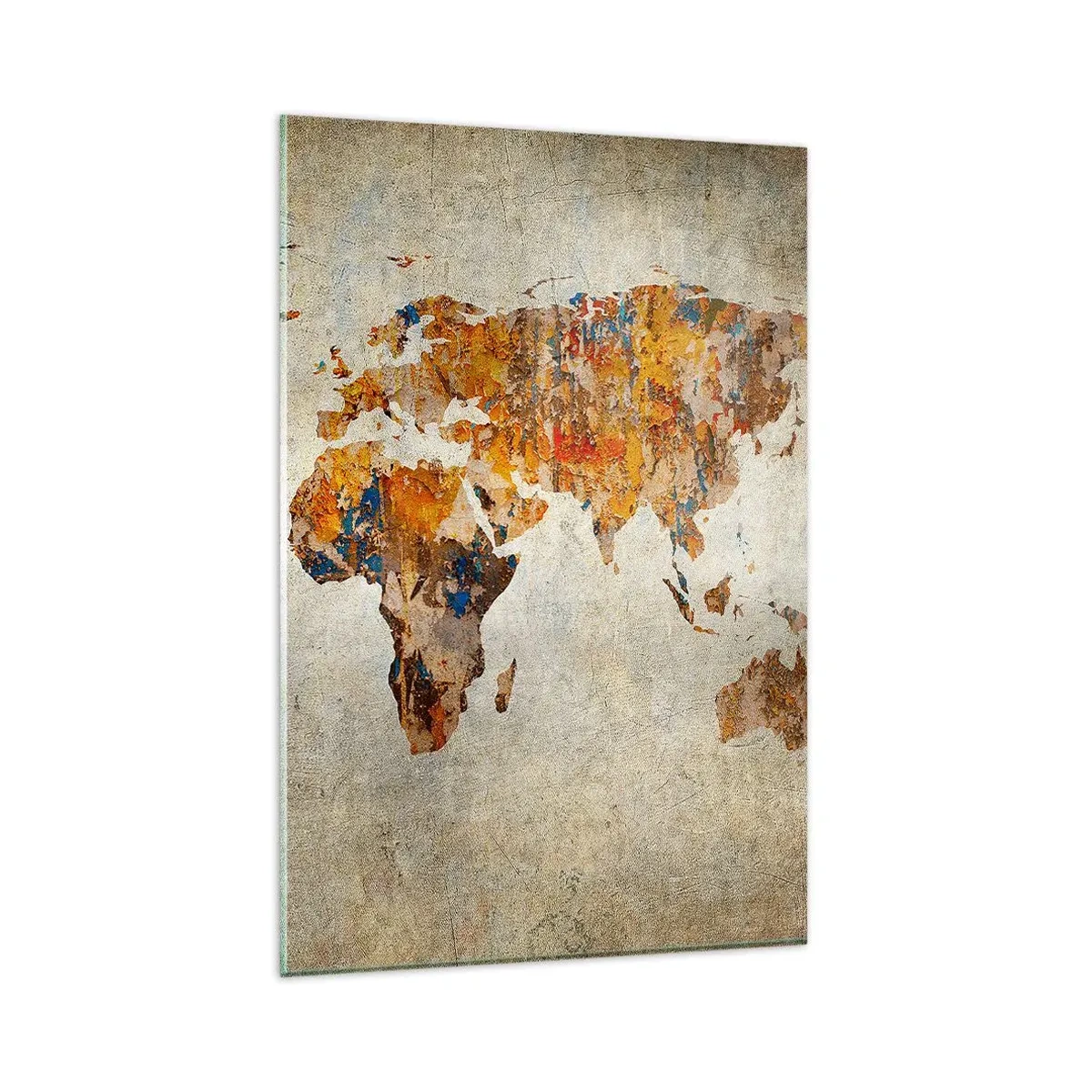 Glasbild - Bild auf glas - Vintage-Weltkarte mit bunten Akzenten - 80x120cm - Eine wirklich große Welt - Moderne Wanddekoration für Wohnzimmer und Schlafzimmer ARTTOR