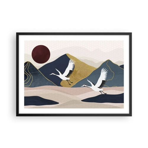 Poster in einem schwarzem Rahmen - Kraniche im Flug vor der Kulisse der Berge und einer roten Sonne - 70x50cm - Es ist wieder ein Tag VERFLOGEN - Moderne Wanddekoration für Wohnzimmer und Schlafzimmer ARTTOR
