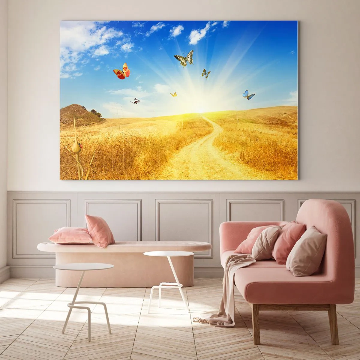 Glasbild - Bild auf glas - Schmetterlinge schweben bei Sonnenaufgang über einer unbefestigten Straße - 120x80cm - Und wie kann man den Sommer nicht lieben? - Moderne Wanddekoration für Wohnzimmer und Schlafzimmer ARTTOR