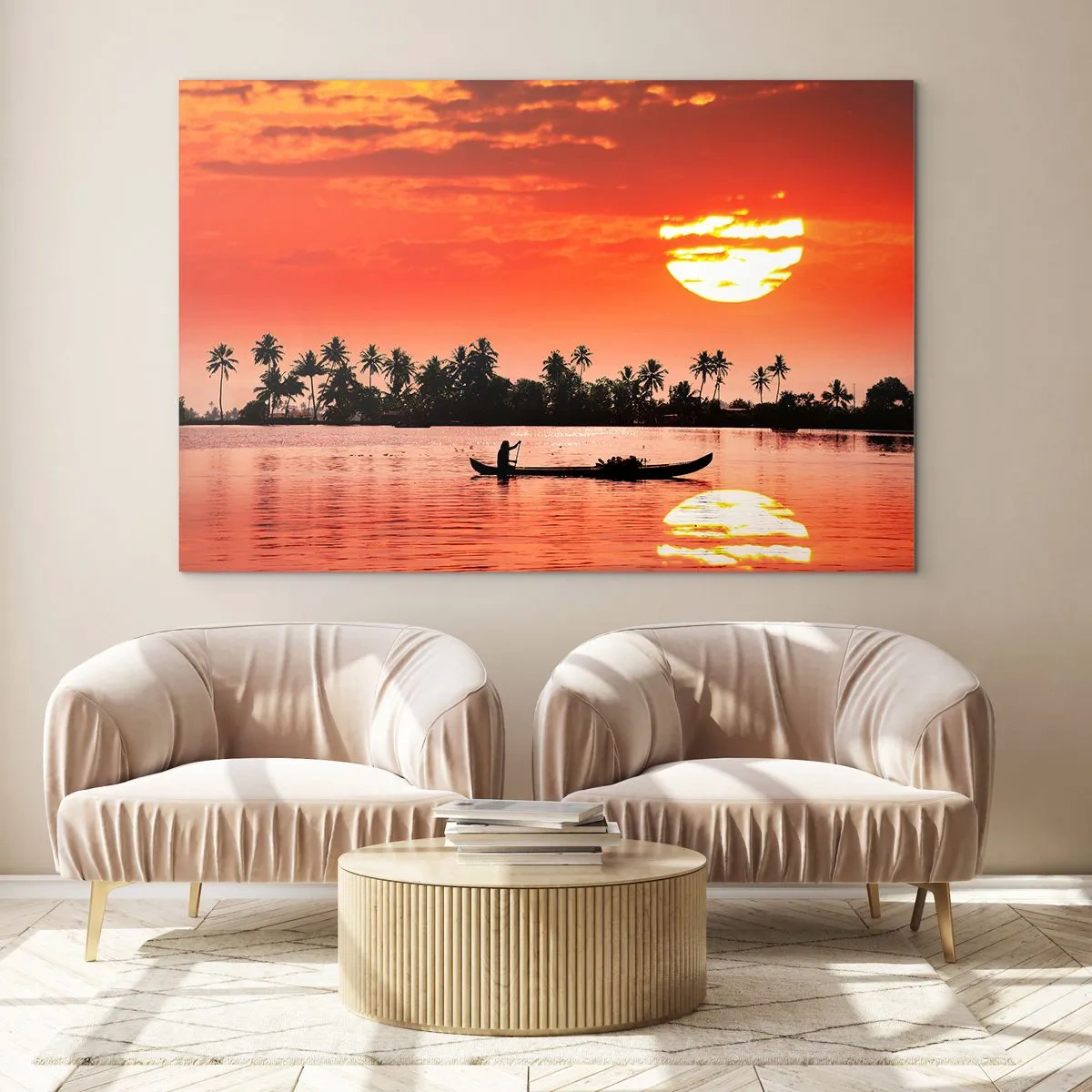 Glasbild - Bild auf glas - Sonnenuntergang über dem Fluss mit Palmen und einem Boot - 100x70cm - Die Ruhe der Tropen bei Sonnenuntergang - Moderne Wanddekoration für Wohnzimmer und Schlafzimmer ARTTOR