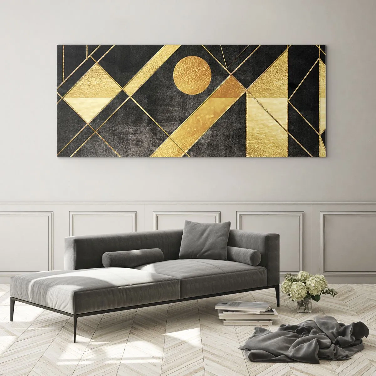 Glasbild - Bild auf glas - Geometrische Formen in Gold- und Schwarztönen - 160x50cm - Die Sonne der Wüste - Moderne Wanddekoration für Wohnzimmer und Schlafzimmer ARTTOR