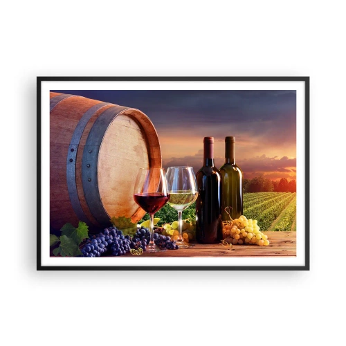 Poster in einem schwarzem Rahmen - Wein, Gläser und ein Fass in einer malerischen Landschaft - 100x70cm - Hier schmeckt das Leben - Moderne Wanddekoration für Wohnzimmer und Schlafzimmer ARTTOR