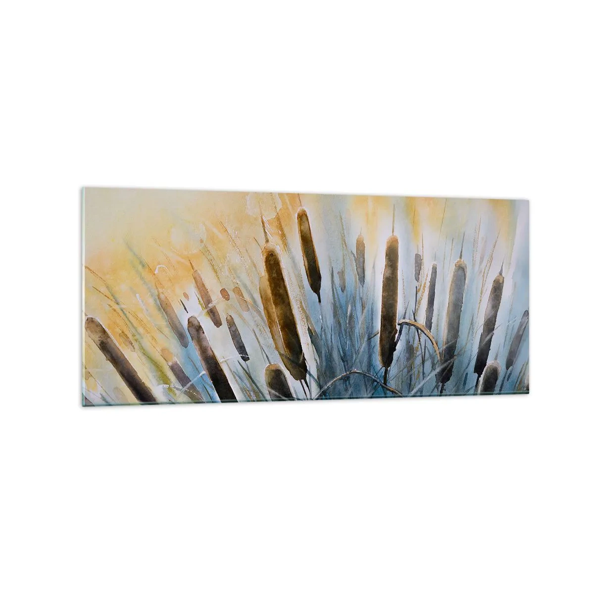 Glasbild - Bild auf glas - Malerisches Schilf in den Sonnenstrahlen - 120x50cm - Die Kälte des Wassers, die Hitze der Sonne - Moderne Wanddekoration für Wohnzimmer und Schlafzimmer ARTTOR