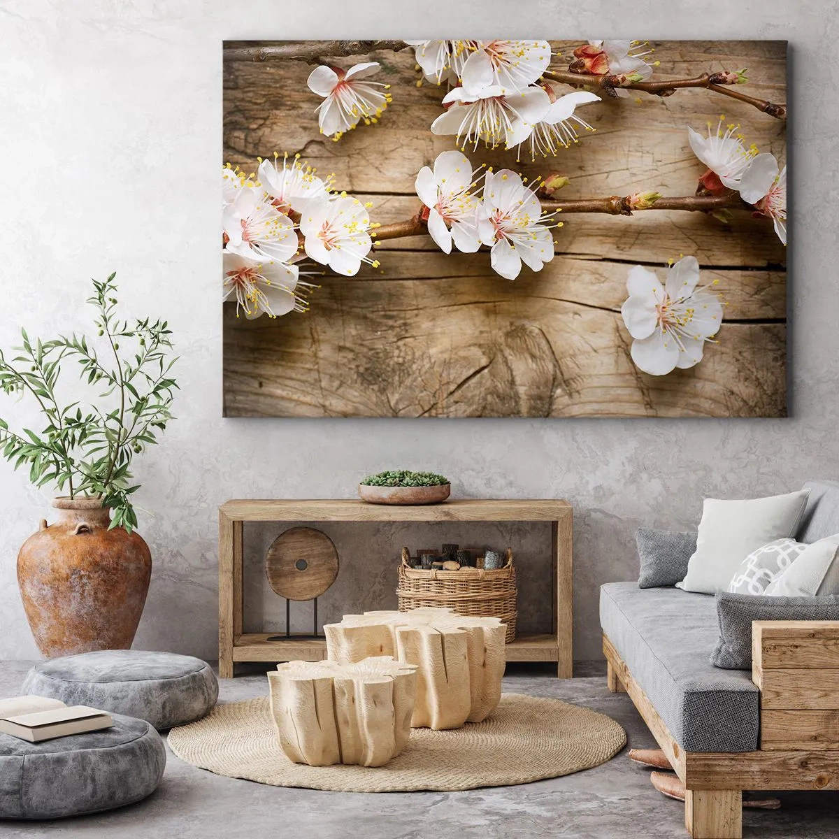 Bild auf Leinwand - Leinwandbild - Zweige blühender Kirschbäume auf einem Holzbretthintergrund - 70x50cm - Und es war Frühling - Moderne Wanddekoration für Wohnzimmer und Schlafzimmer ARTTOR
